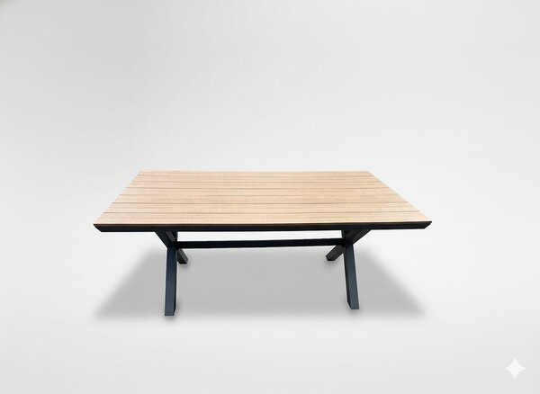 Kerti asztal, alumínium váz, polywood asztallap fa megjelenéssel, 180x100x75 cm, barna