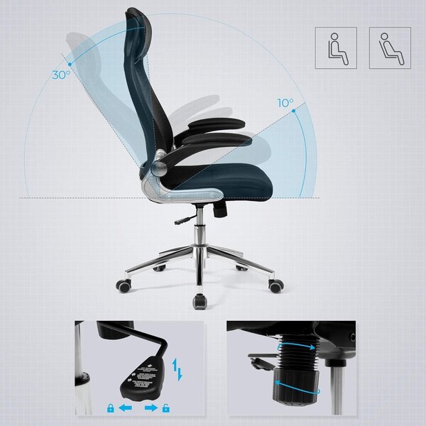 Ergonomikus irodai szék fejtámlával és felhajtható karfákkal, hálós háttámla, max. 120 kg, 68x116-126 cm, fekete