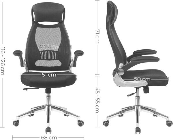 Ergonomikus irodai szék fejtámlával és felhajtható karfákkal, hálós háttámla, max. 120 kg, 68x116-126 cm, fekete