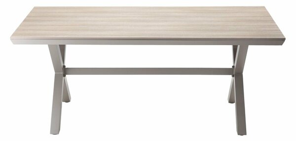Kerti asztal, alumínium váz, fahatású polywood asztallap, 180x100x75 cm, bézs