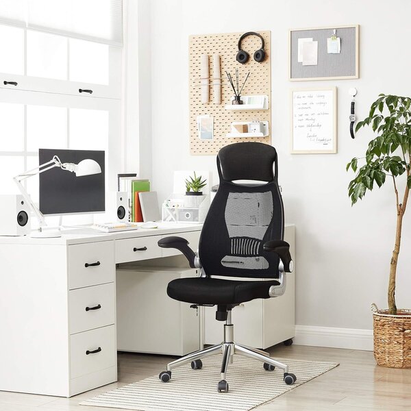 Ergonomikus irodai szék fejtámlával és felhajtható karfákkal, hálós háttámla, max. 120 kg, 68x116-126 cm, fekete