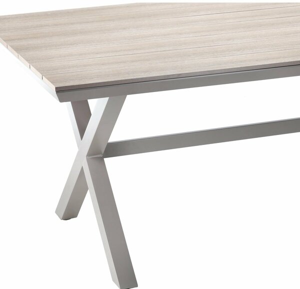 Kerti asztal, alumínium váz, fahatású polywood asztallap, 180x100x75 cm, bézs