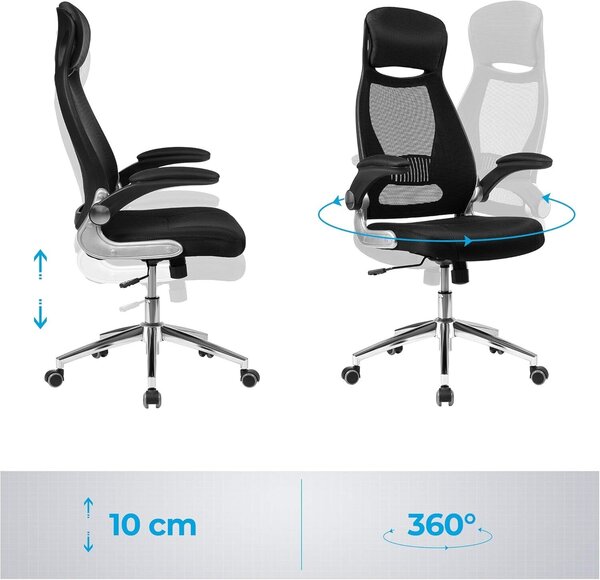 Ergonomikus irodai szék fejtámlával és felhajtható karfákkal, hálós háttámla, max. 120 kg, 68x116-126 cm, fekete