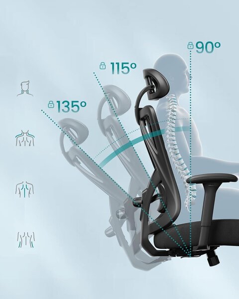 Ergonomikus állítható irodai szék deréktámasszal és fejtámlával, max. 120 kg, 70x70x125 cm, fekete
