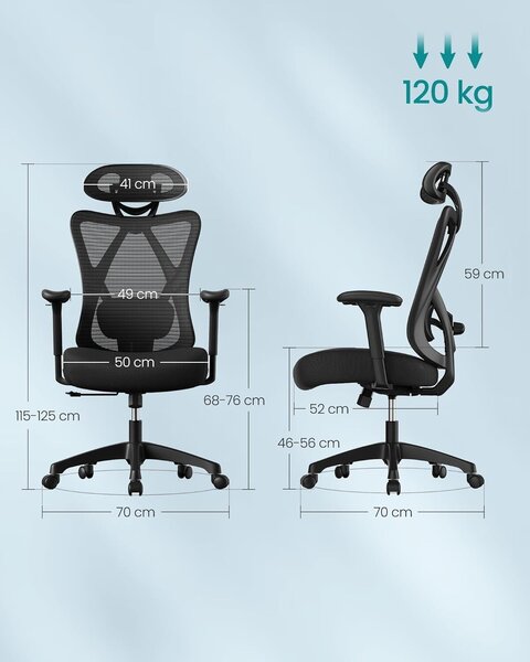 Ergonomikus állítható irodai szék deréktámasszal és fejtámlával, max. 120 kg, 70x70x125 cm, fekete