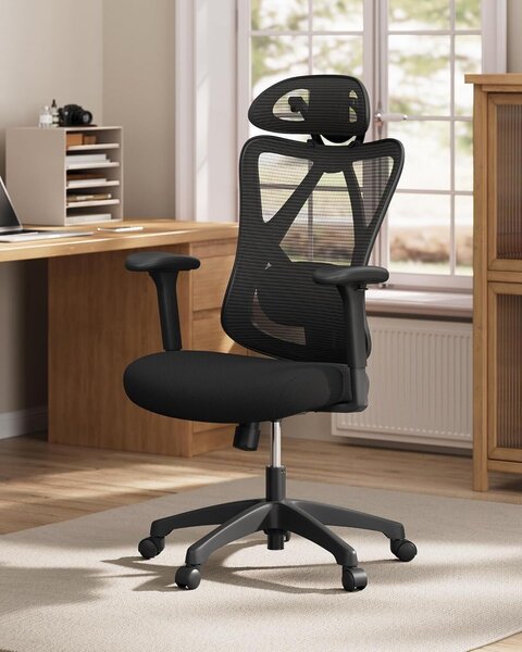 Ergonomikus állítható irodai szék deréktámasszal és fejtámlával, max. 120 kg, 70x70x125 cm, fekete