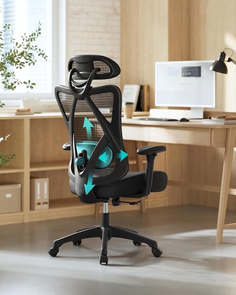 Ergonomikus állítható irodai szék deréktámasszal és fejtámlával, max. 120 kg, 70x70x125 cm, fekete