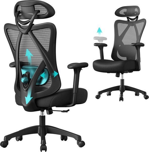 Ergonomikus állítható irodai szék deréktámasszal és fejtámlával, max. 120 kg, 70x70x125 cm, fekete