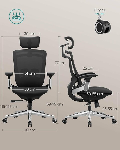 Ergonomikus, állítható irodai szék fejtámlával és deréktámasszal, 135°-os dönthetőség, max. 150 kg, 70x70x125 cm, fekete