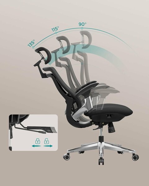 Ergonomikus, állítható irodai szék fejtámlával és deréktámasszal, 135°-os dönthetőség, max. 150 kg, 70x70x125 cm, fekete