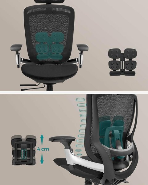 Ergonomikus, állítható irodai szék fejtámlával és deréktámasszal, 135°-os dönthetőség, max. 150 kg, 70x70x125 cm, fekete