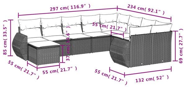 VidaXL 10 részes barna polyrattan kerti ülőgarnitúra párnákkal