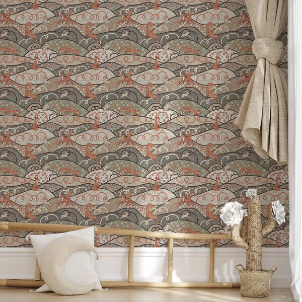 Tapéta Rókák és nyulak hullámzó dombokon, retro mintázat, Tapétá modern, a00690 : Uwalls.hu