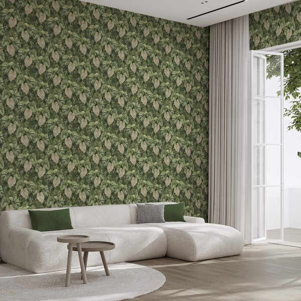 Tapéta Dús filodendron levelek zöld és elefántcsont árnyalatokban, Természetes tapétá, Tapétá természet levelek, a00695 : Uwalls.hu
