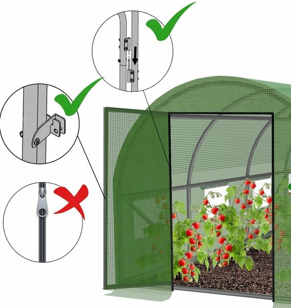 Sera kerti alagút típusú 500x1000x200 cm, PE fólia 140g/m2 UV4, 10 szegmens, 20 ablak, fémkeretes ajtó zsanérral, 50 m2, zöld