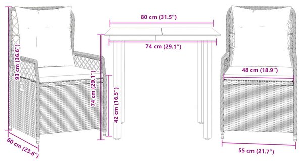 VidaXL 3 részes szürke polyrattan kerti étkezőgarnitúra párnával