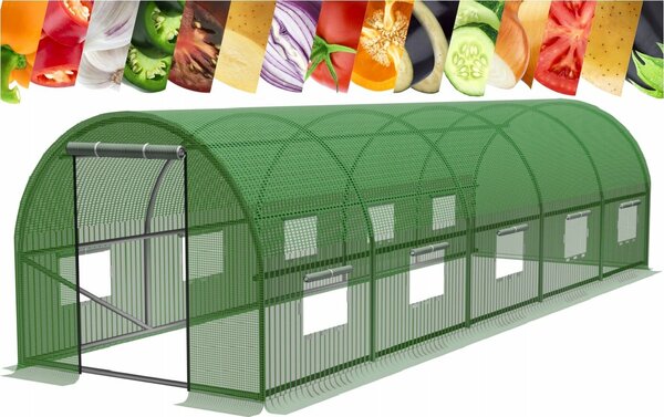 Sera kerti alagút típusú 300x800x200 cm, PE fólia 140g/m2 UV4, 10 ablak, cipzáras ajtó, 24 m2, zöld