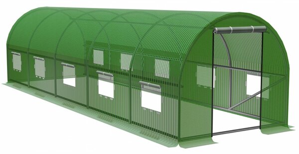 Sera kerti alagút típusú 300x800x200 cm, PE fólia 140g/m2 UV4, 10 ablak, cipzáras ajtó, 24 m2, zöld