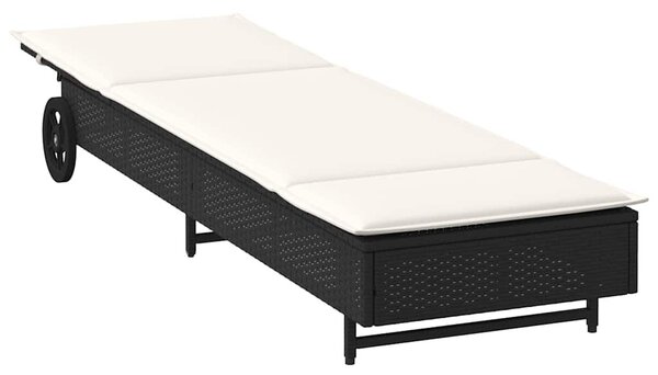 VidaXL fekete polyrattan napozóágy kerekekkel és párnával