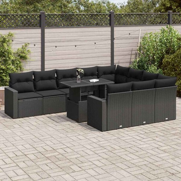 VidaXL 11 részes fekete polyrattan kerti ülőgarnitúra párnákkal