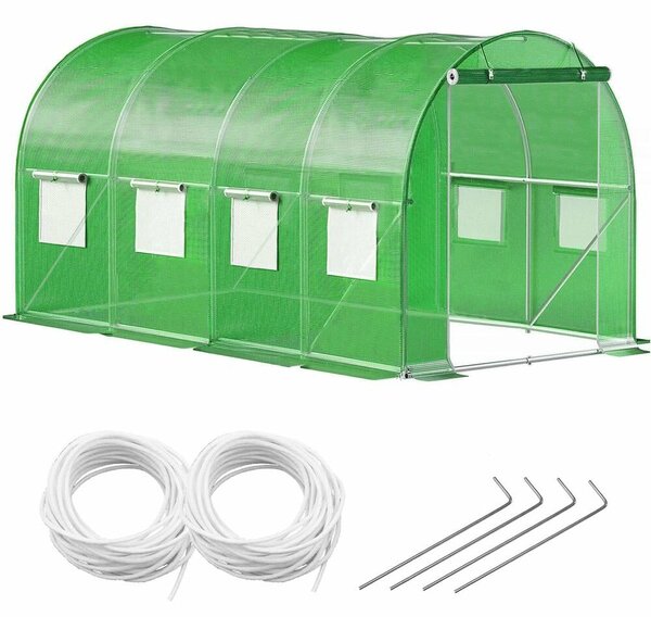 Sera kerti alagút 200x450x200 cm, PE fólia 140g/m2 UV4, 9 ablak szúnyoghálóval, lakatolt ajtó, 9 m2, zöld