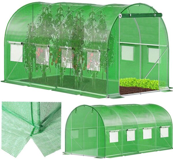 Sera kerti alagút 200x450x200 cm, PE fólia 140g/m2 UV4, 9 ablak szúnyoghálóval, lakatolt ajtó, 9 m2, zöld