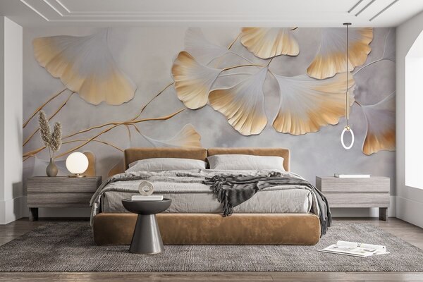 Fotótapéta Ginkgo biloba levelek sárga szegéllyel egy ágon, szürke textúrájú háttérrel, elegáns és, Természet fotótapéta, w09472 : Uwalls.hu