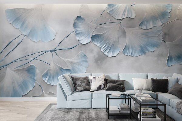 Fotótapéta Ginkgo biloba levelek kék szegéllyel egy ágon, szürke textúrájú háttérrel, elegáns és, Természet fotótapéta, w09472v1 : Uwalls.hu