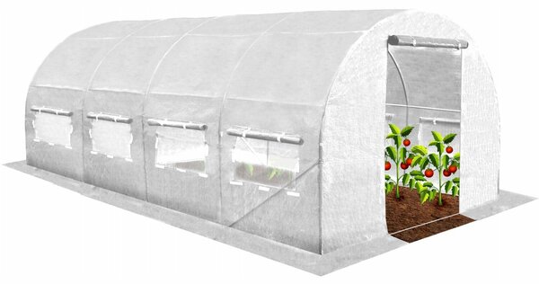 Sera kerti alagút típusú 300x600x200 cm, PE fólia 140g/m2 UV4, cipzáras ajtó, szúnyoghálós ablakok, 18 m2, fehér