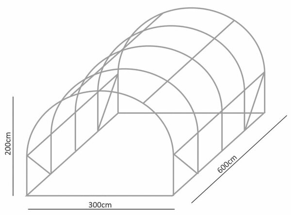 Sera kerti alagút típus 300x600x200 cm, PE fólia 140g/m2 UV4, cipzár ajtó, szúnyoghálós ablakok, 18 m2, zöld