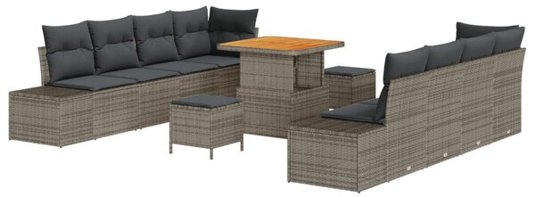 11 darabos kerti kanapé szett párnákkal, szürke, poli rattan, akác, 2 személyes kerti kanapé tárolóval és párnákkal, szürke poli rattan, 3 darabos kerti étkező szett párnákkal, szürke poli rattan, akác