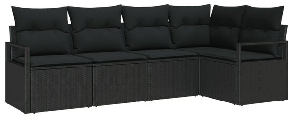 5 részes kert kanapé szett párnákkal fekete poli rattan, 2-üléses kert kanapé tárolóval és párnákkal fekete poli rattan