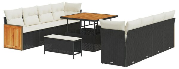 11 darabos kerti kanapé szett párnákkal fekete poli rattan akáccal, 3 darabos kerti étkezőszett párnákkal fekete poli rattan akáccal