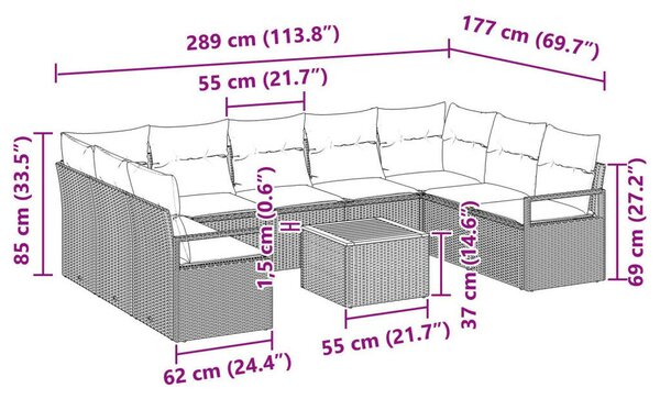 10 Részes Kerti Szófagarnitúra Párnákkal Fekete Poli Rattan Akác, 2-Fős Kerti Szófa Párnákkal Fekete Poli Rattan