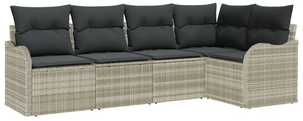 5 részes kerti kanapé szett párnákkal, világosszürke poli rattan, 2 fős kerti kanapé párnákkal, világosszürke poli rattan
