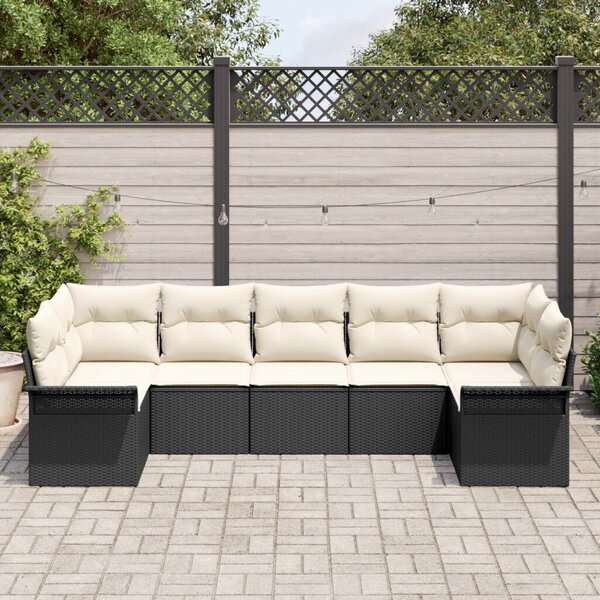 7 Részes Kert Sofaszett Párnákkal Fekete Poli Rattan, 2-Fős Kert Kanapé Tárolóval és Párnákkal Fekete Poli Rattan