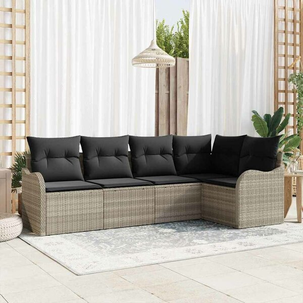 5 részes kerti kanapé szett párnákkal, világosszürke poli rattan, 2 fős kerti kanapé párnákkal, világosszürke poli rattan