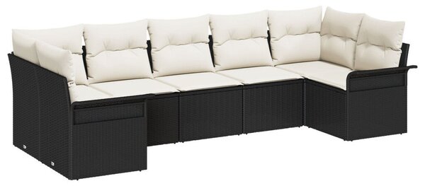 7 Részes Kert Sofaszett Párnákkal Fekete Poli Rattan, 2-Fős Kert Kanapé Tárolóval és Párnákkal Fekete Poli Rattan