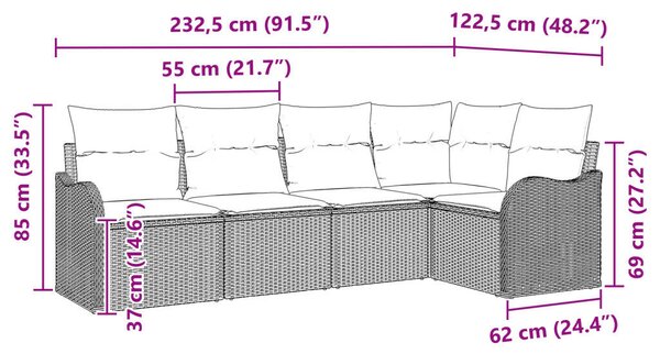 5 részes kerti kanapé szett párnákkal, világosszürke poli rattan, 2 fős kerti kanapé párnákkal, világosszürke poli rattan