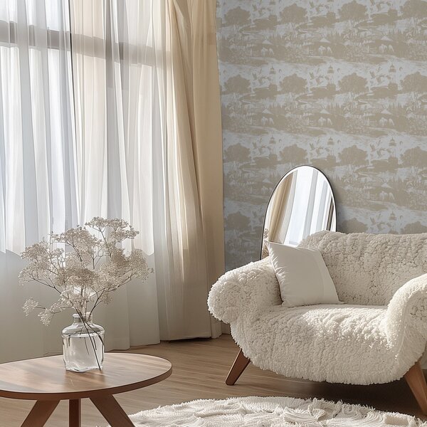 Tapéta Jelenet világítótoronnyal, fákkal és házakkal sienna színben, Tapétá vintage stílusban, a00739 : Uwalls.hu