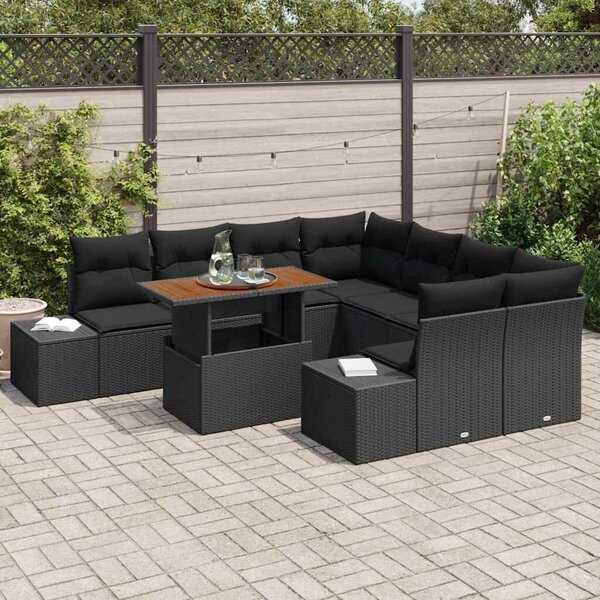 Kert Sofa Szett 9 Darab Fekete Fonat, Szövet 4-Fős Kert Sofa