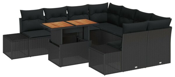 Kert Sofa Szett 9 Darab Fekete Fonat, Szövet 4-Fős Kert Sofa