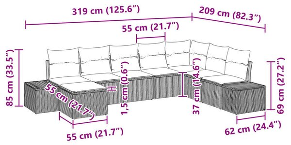 8 darabos kerti kanapészett párnákkal Barna poly rattan