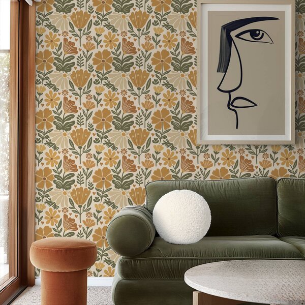 Tapéta Stilizált virágok meleg tónusokban, szívekkel, Virágok és növények tapétá, a00752 : Uwalls.hu
