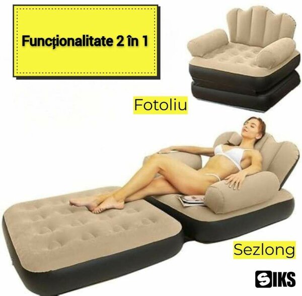 SIKS felfújható fotel és felfújható nyugágy, 2 az 1-ben, Összecsukható, Többfunkciós, Puha külső, PVC-ből, Méretek 100x88x90cm, Vízálló, Beltéri/Kültéri/Úszómedence, pihenéshez, Szivattyúval