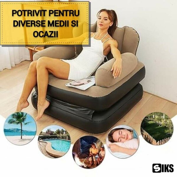 SIKS felfújható fotel és felfújható nyugágy, 2 az 1-ben, Összecsukható, Többfunkciós, Puha külső, PVC-ből, Méretek 100x88x90cm, Vízálló, Beltéri/Kültéri/Úszómedence, pihenéshez, Szivattyúval
