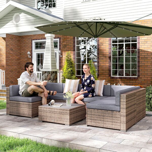 Outsunny 7 Részes Rattan Kerti Lounge Szett Asztallal és Moduláris Kanapéval Párnákkal, Szürke