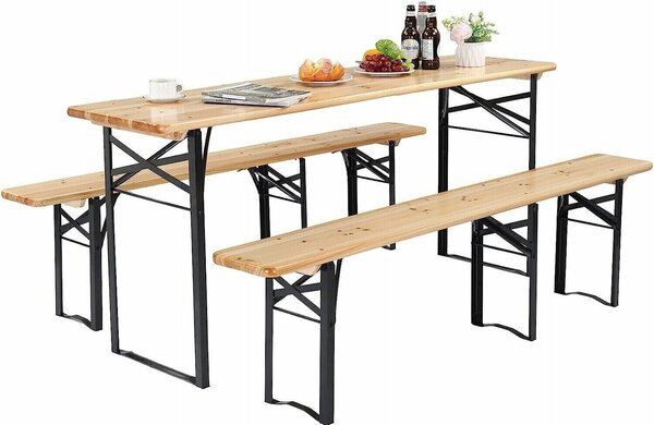 Összecsukható sörpad szett tömör fából, asztal és 2 pad teraszra, kertbe, 177x46 cm, strapabíró, natúr