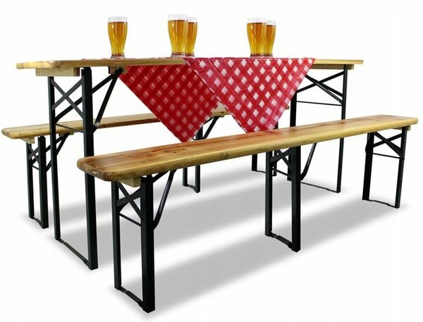 Összecsukható sörpad szett tömör fából, asztal és 2 pad teraszra, kertbe, 177x46 cm, strapabíró, natúr