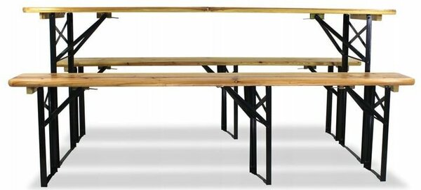 Összecsukható sörpad szett tömör fából, asztal és 2 pad teraszra, kertbe, 177x46 cm, strapabíró, natúr